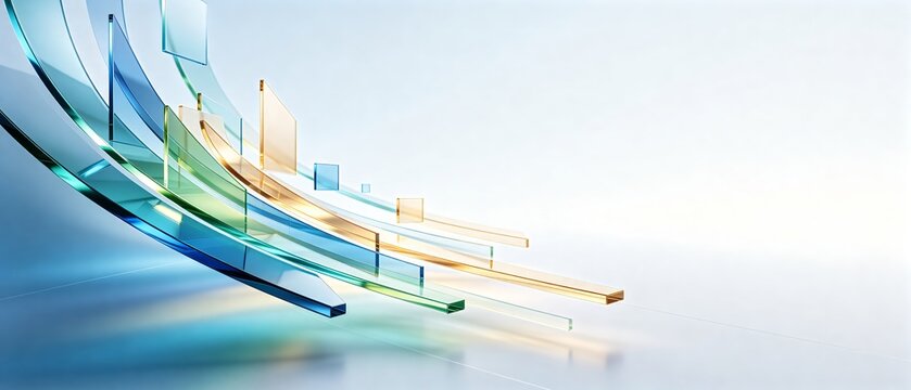 In a futuristic technological background, a long, curved glass strip with a gradient of blue, green and gold extends on the left side.