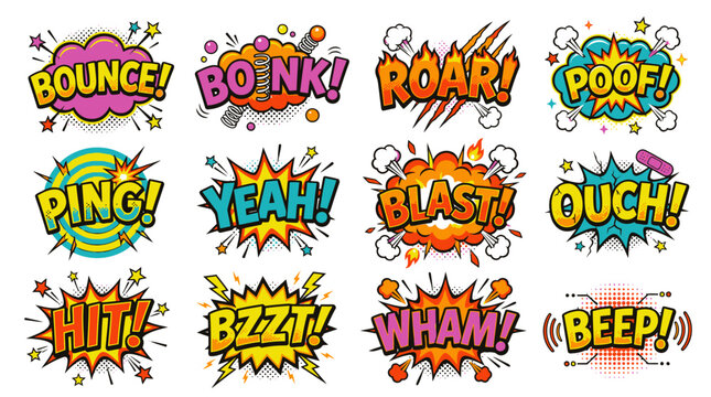 Multi-colored comic book action words and sound effect bubbles.