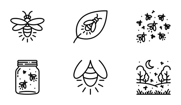 Firefly Icons, Insect Vector Graphics, Summer Night Nature Elements, Jar Illustration