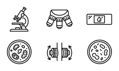 Fototapeta premium Microscope Icons Set, Science Lab Equipment, Medical Research Symbols, Biology Study Graphics