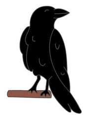 Fototapeta premium Cute black crow perched on a branch in simple cartoon vector style.