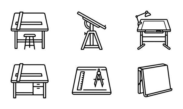 Drafting Tables, Drawing Boards, Architect Desks, Engineering Workstations, Set of 6 Icons