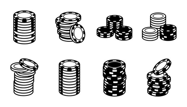 Casino Poker Chips, Gambling Tokens, Stacked Tokens, Vector Icons Set
