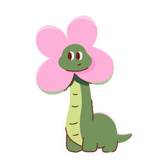 Cute dinosaur wearing pink flower hat vector illustration. Kawaii dino cartoon character doodle isolated on white background. © Nattapol