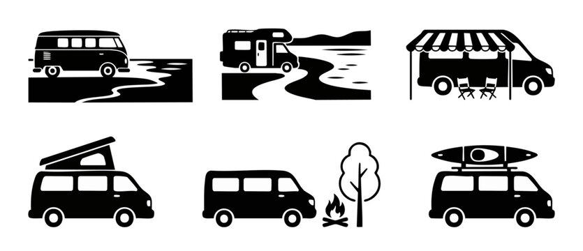 Camper van icon set silhouette RV camping vacation travel vector icons kit featuring campervan vehicles in different scenes like beach camping, campfire, roof tent, outdoor recreation, and road trips.