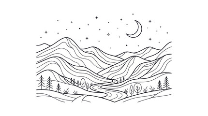 Obraz premium Minimalist Mountain Landscape Line Art: Night Scene with River, Moon, and Stars