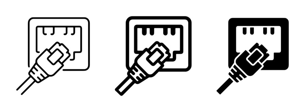 Ethernet Port Icons, Network Connection Symbols, RJ45 Plug Vector Graphics