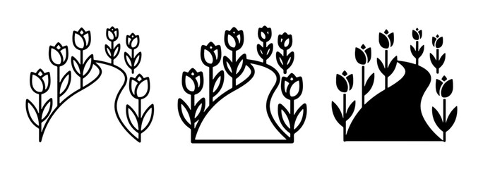 Fototapeta premium Tulip Garden Path Icons, Spring Floral Road Vector Graphics, Nature Walk Symbols