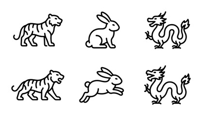 Fototapeta premium Chinese Zodiac Animals Icons Set, Dragon Tiger Rabbit Vector Graphics, Lunar New Year Symbols