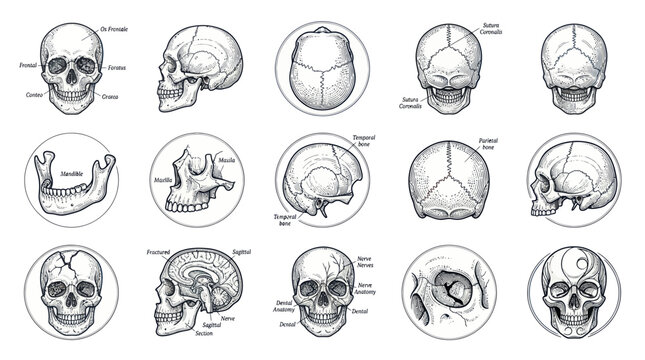 Human Skull Anatomy Illustrations, Medical Diagram Views and Bone Structure