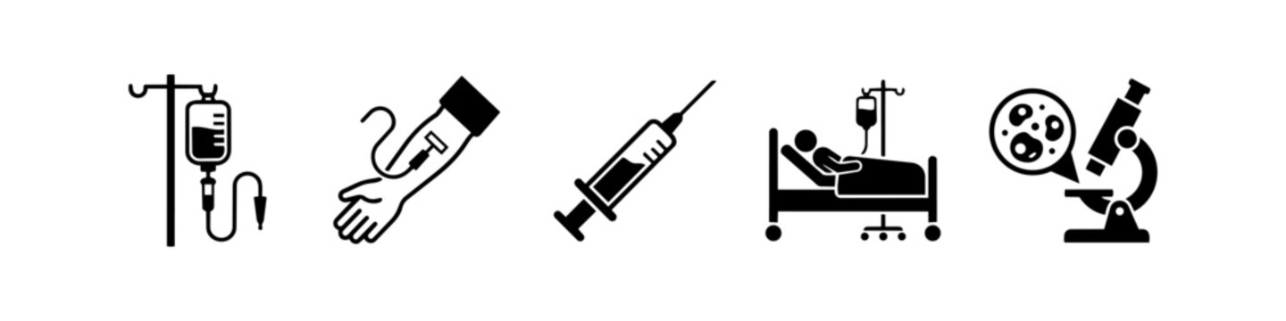 Set of medical icons featuring IV drip, blood donation, syringe, hospital bed patient, and microscope. Black minimalist silhouettes for healthcare, laboratory, and clinical design.