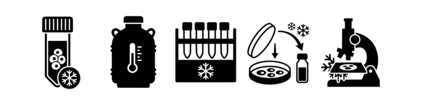 Vector icon set illustrating the cryopreservation process of oocytes, including freezing, storage in nitrogen tanks, and lab analysis for fertility treatments.