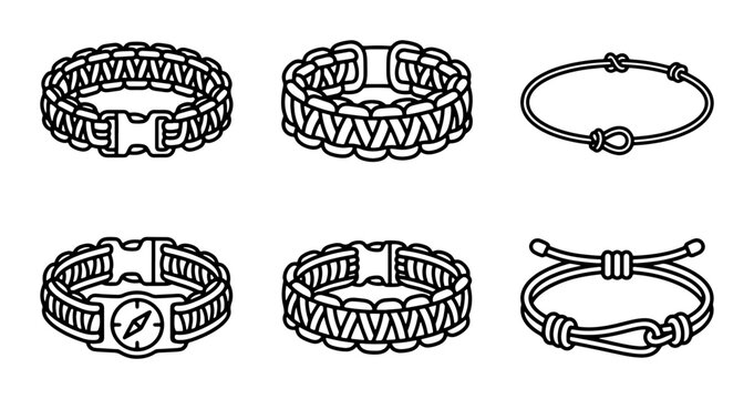 Paracord Bracelets Vector Icons, Survival Gear Accessories, Outdoor Adventure Jewelry, Nautical Knots Set