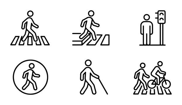 Pedestrian Crossing Icons, Walking Man Symbols, Traffic Safety Signs, Cyclist Vector Set