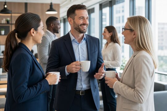 Business professionals networking and socializing in a modern office lobby with large windows and sleek decor