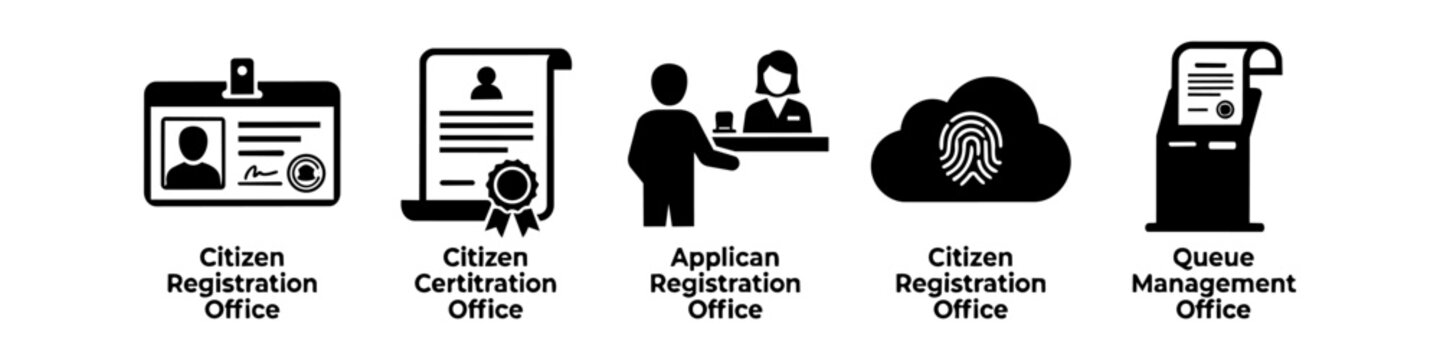 Collection of black and white flat icons for civic and government services, including citizen registration, identification cards, official certificates, biometric data, and queue management.