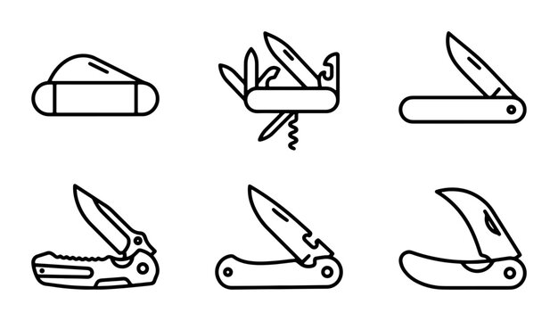Pocket Knife Icons, Multi-tool Set, Folding Blade Vector Graphics, Outdoor Gear Collection