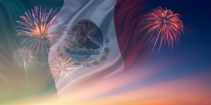 Waving National flags of Mexico In sky with fireworks and text
