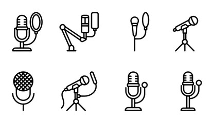 Microphone Icons Set, Audio Recording Equipment Vector Graphics, Podcast Studio Gear Collection © Abbas