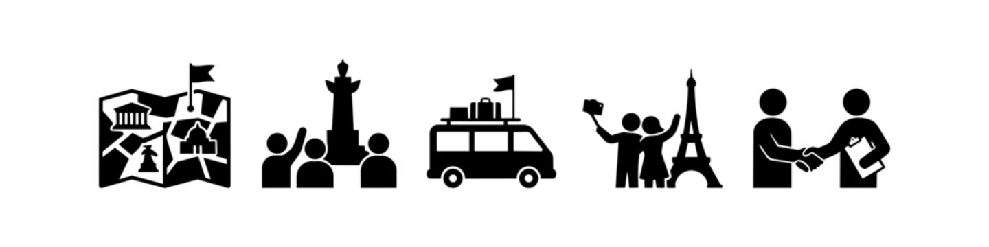 Collection of black travel and tourism icons featuring a map, tour bus, sightseeing at the Eiffel Tower, and guided tour concepts. Perfect for vacation planning and travel agency designs.