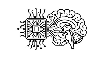 Fototapeta premium Human brain profile connected to a computer microchip