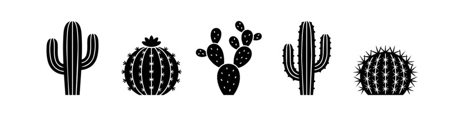 Collection of black cactus silhouettes isolated on a white background. Features various desert species like saguaro and barrel cactus, ideal for icons, logos, and nature-themed graphic design. © Nort Kor