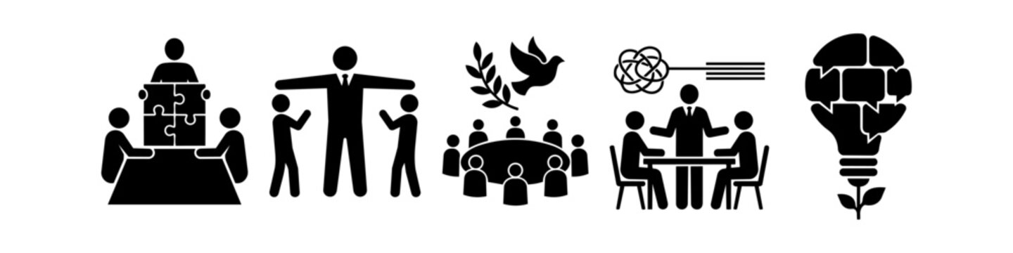 Business icon set featuring teamwork, conflict resolution, peace negotiation, problem-solving, and innovative brainstorming concepts. Ideal for professional and corporate communications.