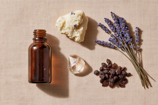 Overhead flat lay of raw skincare ingredients including amber glass bottle, shea butter, dried lavender, clear quartz, and dried raisins on a textured beige background