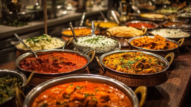 Indian food buffet with assorted curry dishes and rice in metal bowls. Traditional Asian cuisine served on table for dinner party. Authentic tasty meal for restaurant catering service.