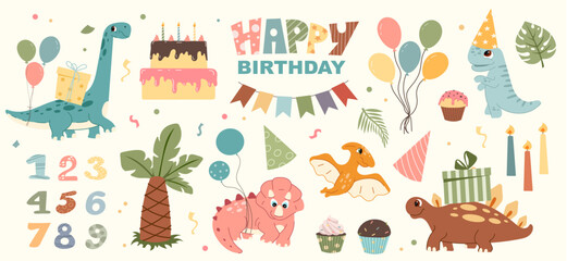 Kids birthday collection with cute dinosaurs, party hats, balloons, birthday cake, and gifts. Festive holiday elements for children celebration. Vector illustration isolated on white.  © Инна Музыка