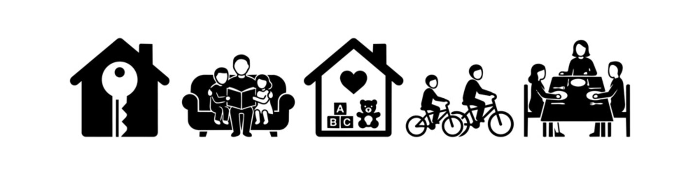 Black and white pictograms depicting family life: buying a home, reading, playroom toys, cycling, and dining. Ideal for real estate, parenting, and lifestyle graphic design.