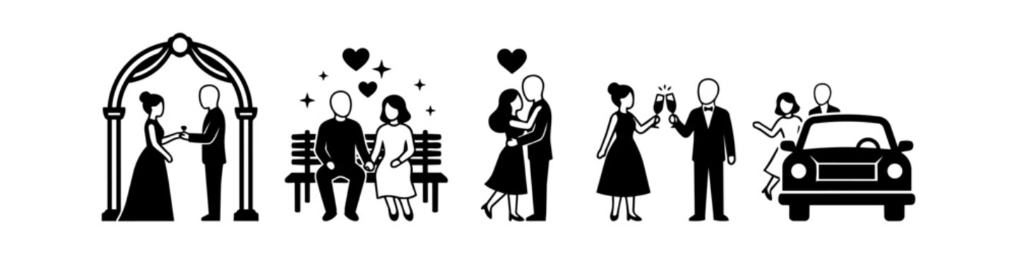 Set of romantic wedding and dating icons featuring silhouettes of a couple getting married under an arch, sitting on a bench, hugging, toasting with champagne, and leaving in a car.