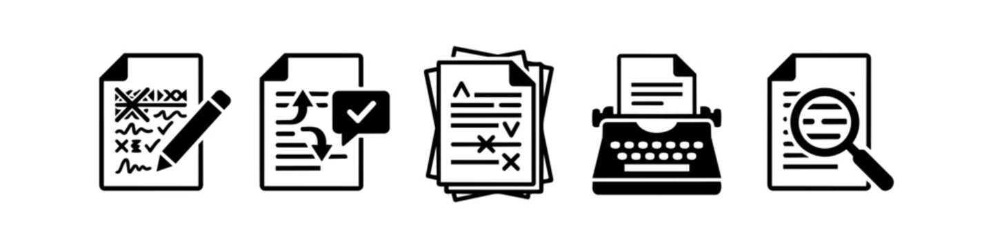 Icon set for document editing and proofreading. Features symbols for writing with a pencil, revision marks, a typewriter, and text inspection with a magnifying glass. Clean black and white vector.