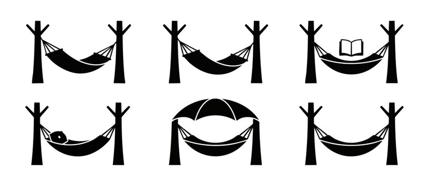 Hammock icon silhouette set vector illustration showing relaxation, camping, outdoor leisure activity with trees, book, sleeping person, and umbrella canopy. Minimalist black signs on white backdrop.
