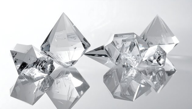 Crystal forms cast mirrored reflections in soft gradient lighting. Minimalist display