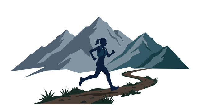 Silhouette female runner on dirt path in rocky high mountain range peak for outdoor adventure marketing collateral or fitness content.