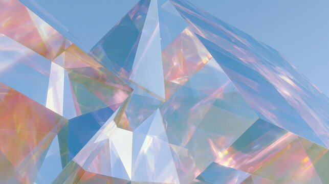 Photorealistic CGI wide shot of impossible crystal formations reflecting light in various colors against a clear blue sky, showcasing intricate geometric patterns and textures