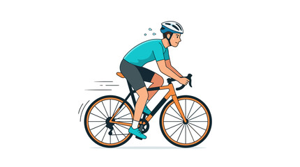 Fototapeta premium Active sports concept of a sweaty cyclist in a teal shirt and dark shorts on an orange bicycle. Suitable for sports and fitness designs.