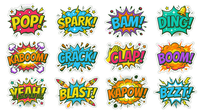 Twelve dynamic comic book sound effects in pop art style.