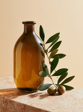 Close up of a single dark glass bottle of premium olive oil with green olive branch and olives on a textured surface against a neutral background