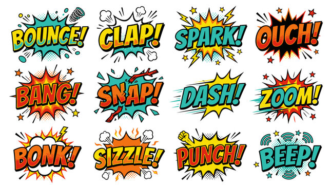 Twelve retro comic book sound effect stickers on white.
