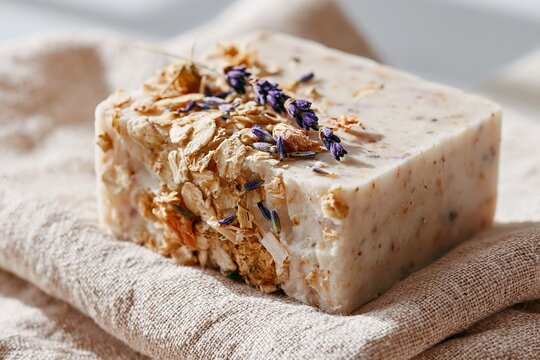 Close up of handmade raw soap bar with visible natural ingredients including oats and lavender on a textured linen fabric background