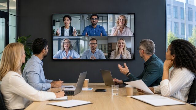 Group of diverse business professionals engaged in a video conference meeting in a modern office space
