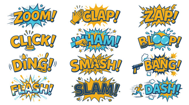 Set of comic book action sounds including Zoom and Zap.