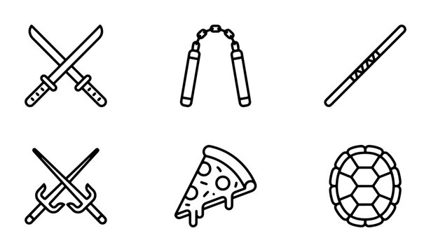 Ninja Weapons and Pizza Icons, Turtle Shell Graphic, Martial Arts Vector Set