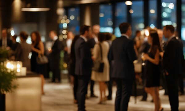 Group of formally dressed people mingle and socialize at a networking event in a modern venue.