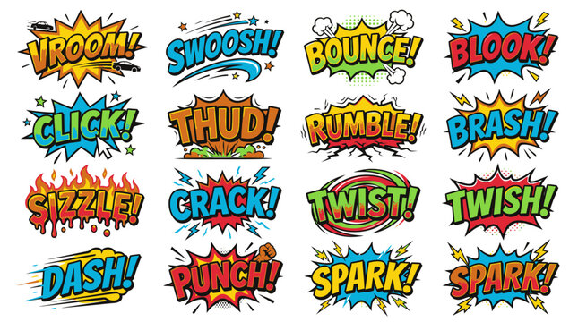 Unique action and motion comic book sound effects.