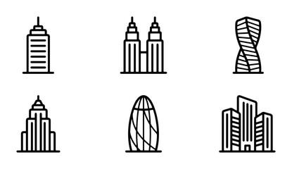 Obraz premium Modern Skyscraper Icons, Architectural Building Silhouettes, Cityscape Vector Graphics, Urban Landmark Collection