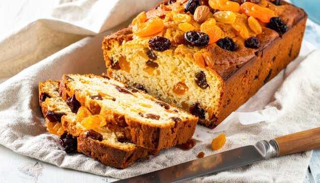 Abundant Slice of Fruitcake Loaded with Plump Raisins and Dried Apricots, Ready to Enjoy