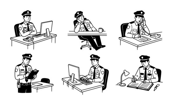 Police Officer Scenes, Security Guard Actions, Law Enforcement Duty, Office Work, 6 Vector Illustrations